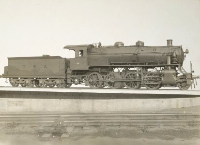 Military Administration - Transportation - Rail - Rolling Stock - 23' X 26' CONSOLIDATION Locomotive built for the U.S. War Dept. . by the American Locomotive Co., N.Y. City. Right side view - NARA - 45501881 (cropped)