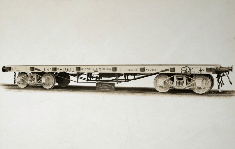 Military Administration - Transportation - Rail - Construction - MANUFACTURING EQUIPMENT FOR U.S. GOVERNMENT. Flat car made by Haskell and Barker Car Company, Inc - NARA - 45502195 (cropped)