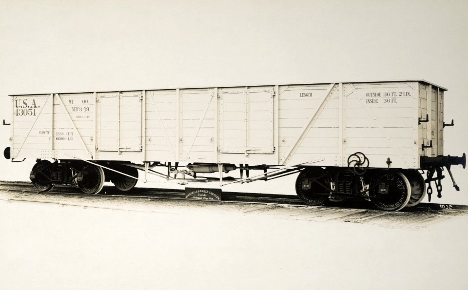 Military Administration - Transportation - Rail - Construction - CARS MANUFACTURED FOR GOVERNMENT BY HASKELL & BARKER CO. Diagonal view of high side business gondola - NARA - 45502173 (cropped)