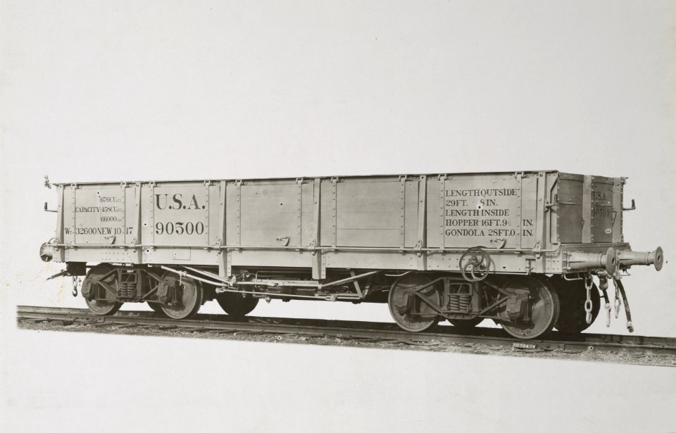 Military Administration - Transportation - Rail - Construction - STANDARD GAUGE RODGERS BALLAST Car. Weight 32,600 lbs., Equipped with air and hand brakes. Built for U.S. Army - NARA - 45502149 (cropped)