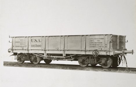 Military Administration - Transportation - Rail - Construction - STANDARD GAUGE RODGERS BALLAST Car. Weight 32,600 lbs., Equipped with air and hand brakes. Built for U.S. Army - NARA - 45502149 (cropped)
