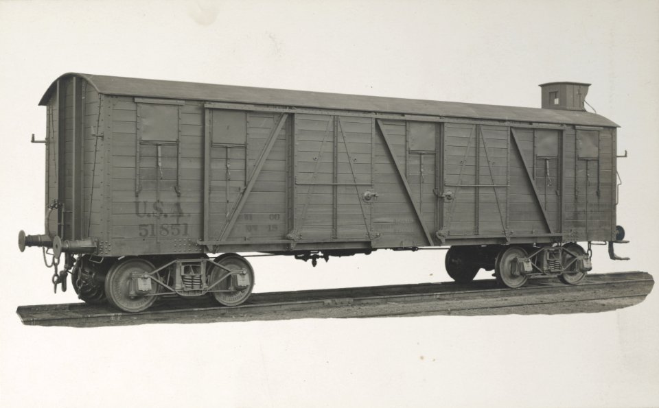 Military Administration - Transportation - Rail - Construction - MANUFACTURE OF LOCOMOTIVE CARS. Standard Gauge Box Car with Cab - NARA - 45502089 (cropped)