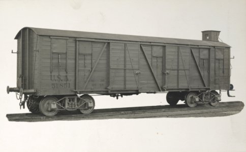 Military Administration - Transportation - Rail - Construction - MANUFACTURE OF LOCOMOTIVE CARS. Standard Gauge Box Car with Cab - NARA - 45502089 (cropped)