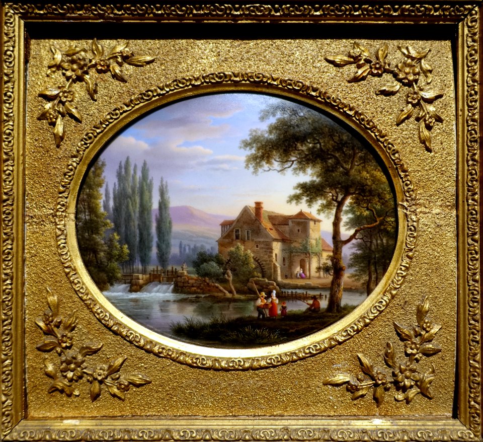 Mill on river Epte (Eure), Jean-Baptiste-Gabriel Langlace, before 1844, painting on porcelain - Villa Vauban - Luxembourg City - DSC06521