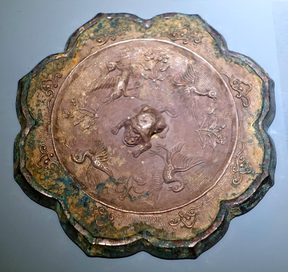 Mirror, China, Tang dynasty, 618-907 AD, bronze with silver overlay - Middlebury College Museum of Art - Middlebury, VT - DSC08224