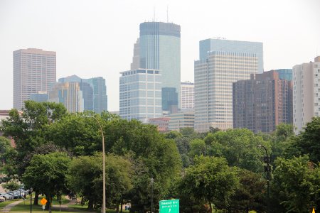 Minneapolis skyline viewed from Irene Hixon Whitney Bridge, August 2018