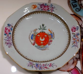 Mistake plate with Dobree coat of arms, with coloring instructions misconstrued as decoration, Jingdezhen, China, c. 1760 AD, porcelain - Peabody Essex Museum - Salem, MA - DSC05199 photo