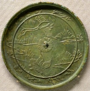 Mirror with flying geese and aquatic plant design, Sakurado Sutra Mound, Toki-cho, Mizunami-shi, Gifu, Heian period, 1100s AD, bronze - Tokyo National Museum - Ueno Park, Tokyo, Japan - DSC09257