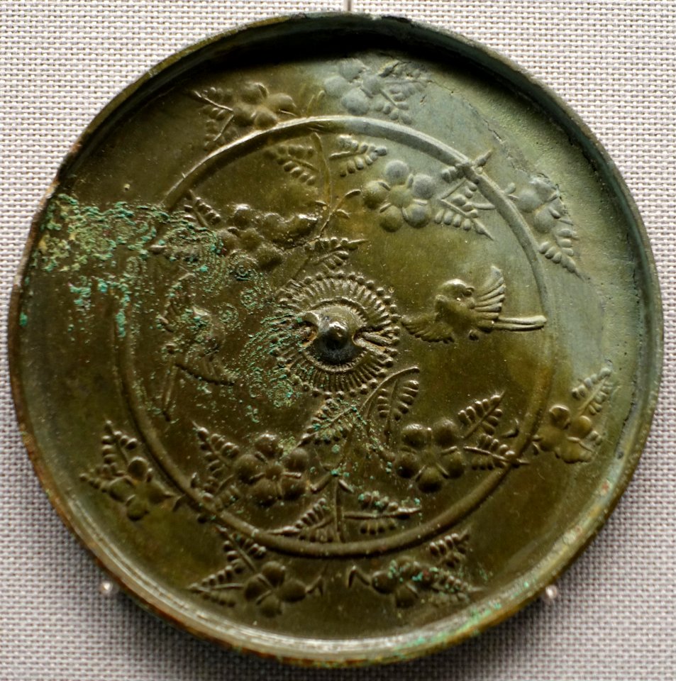 Mirror with kerria and paired sparrows design, Menuma Sutra Mound, Ogai, Menuma, Kumagaya-shi, Saitama, Heian period, 1100s AD, bronze - Tokyo National Museum - Ueno Park, Tokyo, Japan - DSC09241