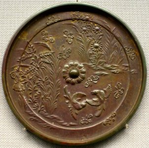 Mirror with autumn plant, butterfly, and bird design, Hakusan Jinja Sutra Mound, Nakayama, Hachioji-shi, Tokyo, Heian period, 1100s AD, bronze - Tokyo National Museum - Ueno Park, Tokyo, Japan - DSC09245