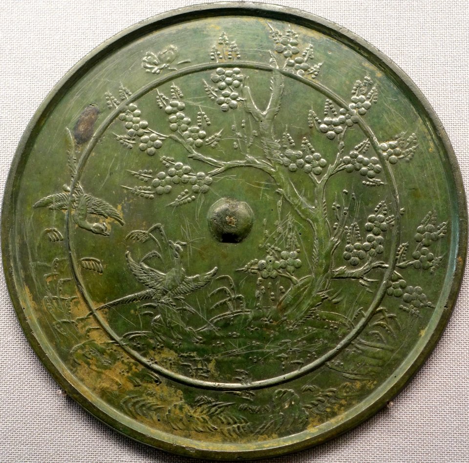 Mirror with sandbank, plum tree, and pheasant design, Iitaka Sutra Mound, Baba Yamada, Yamaoka-cho, Ena-shi, Gifu, Heian period, 1100s AD, bronze - Tokyo National Museum - Ueno Park, Tokyo, Japan - DSC09233