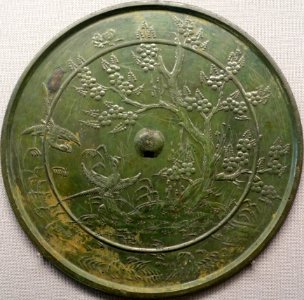 Mirror with sandbank, plum tree, and pheasant design, Iitaka Sutra Mound, Baba Yamada, Yamaoka-cho, Ena-shi, Gifu, Heian period, 1100s AD, bronze - Tokyo National Museum - Ueno Park, Tokyo, Japan - DSC09233