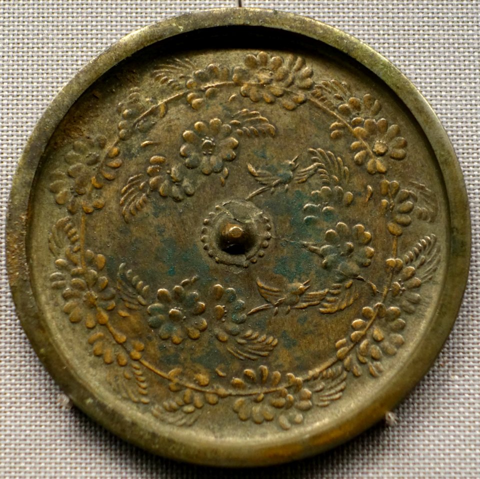 Mirror with cherry blossom and paired birds design, Toshihito Jinja Sutra Mound, Shimonomoto, Higashimatsuyama-shi, Saitama, Kamakura period, 1100s- Tokyo National Museum - Ueno Park, Tokyo, Japan - DSC09237