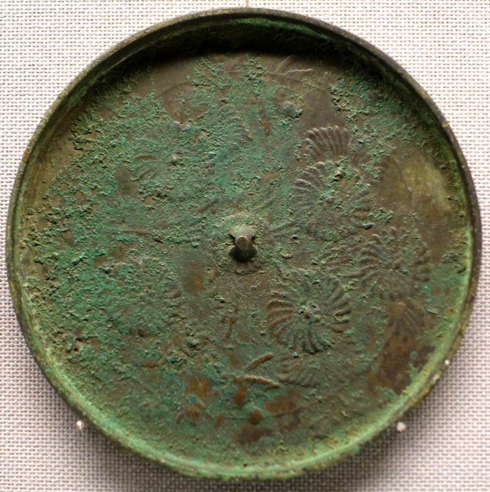 Mirror with chrysanthemum and paired birds design, Asahiyama Sutra Mound, Oka, Ito-shi, Shizuoka, Heian period, 1100s AD, bronze - Tokyo National Museum - Ueno Park, Tokyo, Japan - DSC09249