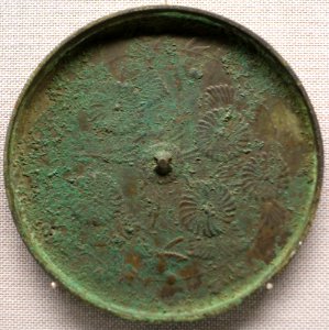 Mirror with chrysanthemum and paired birds design, Asahiyama Sutra Mound, Oka, Ito-shi, Shizuoka, Heian period, 1100s AD, bronze - Tokyo National Museum - Ueno Park, Tokyo, Japan - DSC09249