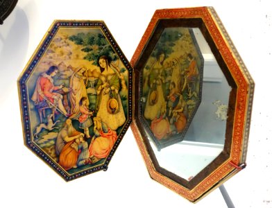 Mirror and Case, Lutf 'Ali Suratgar (1802-1871), Shiraz, Iran, 19th century, ink, watercolor, metallic pigment and gold on papier-mache, glass - Brooklyn Museum - Brooklyn, NY - DSC08453