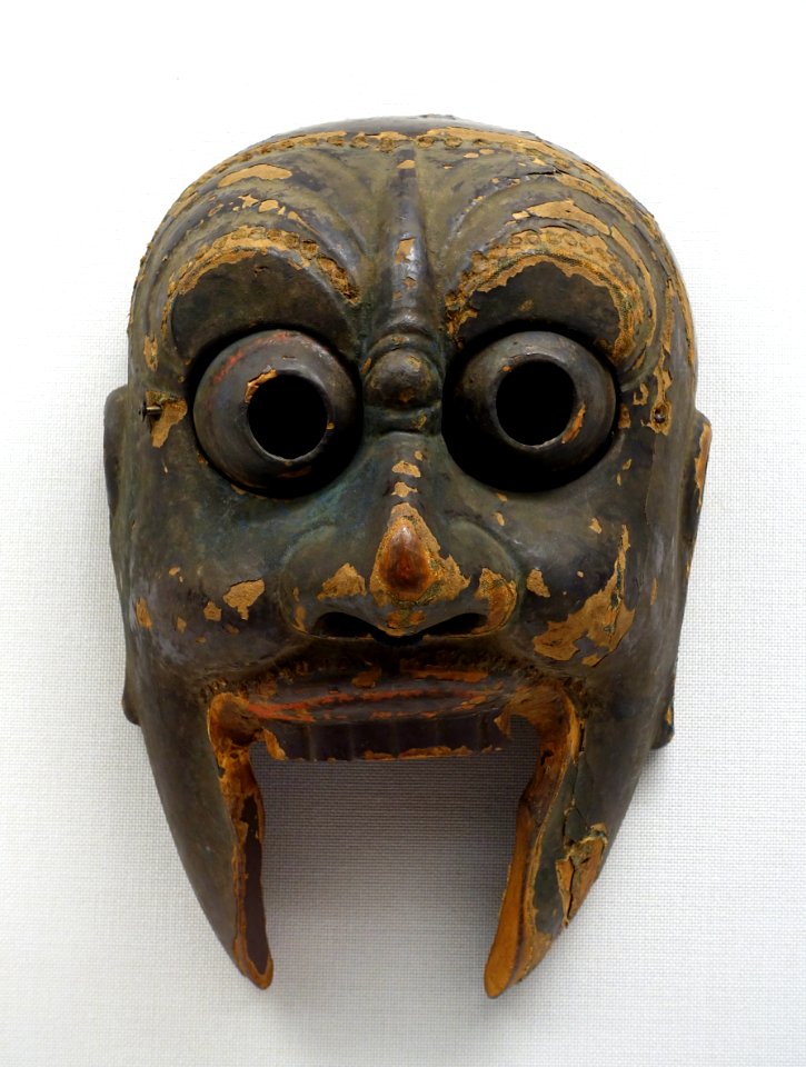 Nasori bugaku mask, formerly passed down at Niutsuhime Jinja, Wakayama, Japan, Kamakura period, 1300s AD, wood with polychromy - Tokyo National Museum - Tokyo, Japan - DSC09038