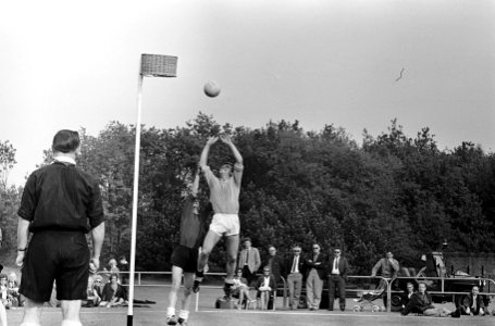 Nederland tegen Belgie 8-2, korfbal Harry de Voos scoort, Bestanddeelnr 917-8006
