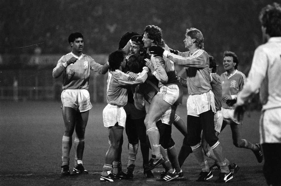 Nederland tegen Belgie (Rotterdam) 2-1, WK kwalificatiewedstrijd juichende Nede, Bestanddeelnr 933-4904