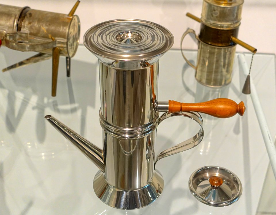 Neapolitan coffee maker (model 90018) by Riccardo Dalisi, produced by Alessi, Crusinallo, Italy, 1988, stainless steel, wood - Montreal Museum of Fine Arts - Montreal, Canada - DSC09007
