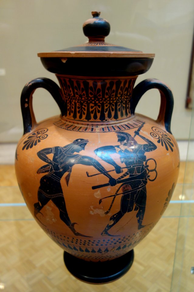 Neck Amphora, possibly Chiusi Painter, Greek, Attica, c. 50-500 BC, Side A (Herakles and Triton), Side B (Herakles and Apollo wrestling for Delphic tripod), ceramic, black figure - Chazen Museum of Art - DSC02683
