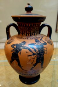 Neck Amphora, possibly Chiusi Painter, Greek, Attica, c. 50-500 BC, Side A (Herakles and Triton), Side B (Herakles and Apollo wrestling for Delphic tripod), ceramic, black figure - Chazen Museum of Art - DSC02683