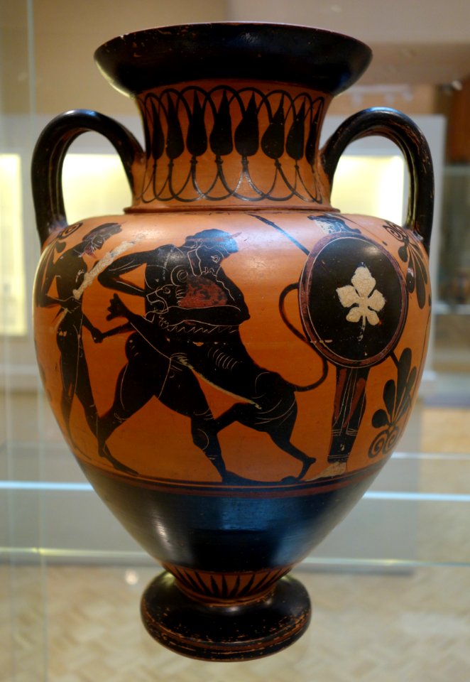 Neck Amphora, Euphiletos Painter, Greek, Attica, c. 530 BC, Side A (Herakles and Nemean Lion with Athena and Iolaos), Side B (Warrior and two horsemen), ceramic, black figure - Chazen Museum of Art - DSC02678