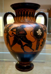 Neck Amphora, Euphiletos Painter, Greek, Attica, c. 530 BC, Side A (Herakles and Nemean Lion with Athena and Iolaos), Side B (Warrior and two horsemen), ceramic, black figure - Chazen Museum of Art - DSC02678