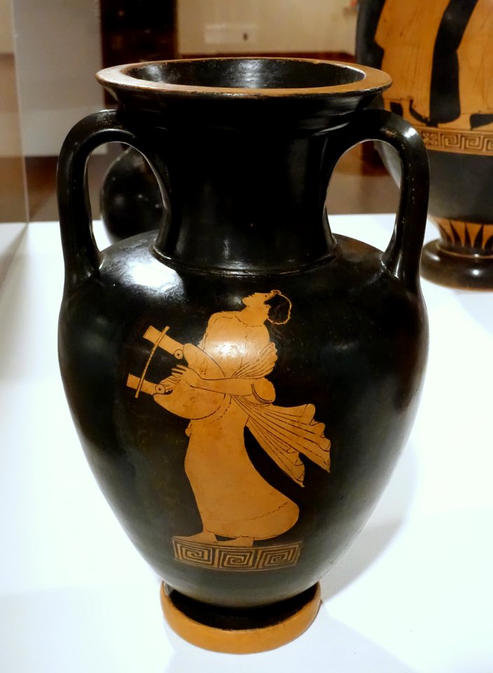 Neck amphora with musician playing kithara and singing with dancer, Pan Painter, Greek, Attic, c. 465 BC, red-figure technique on earthenware - Krannert Art Museum, UIUC - DSC06533