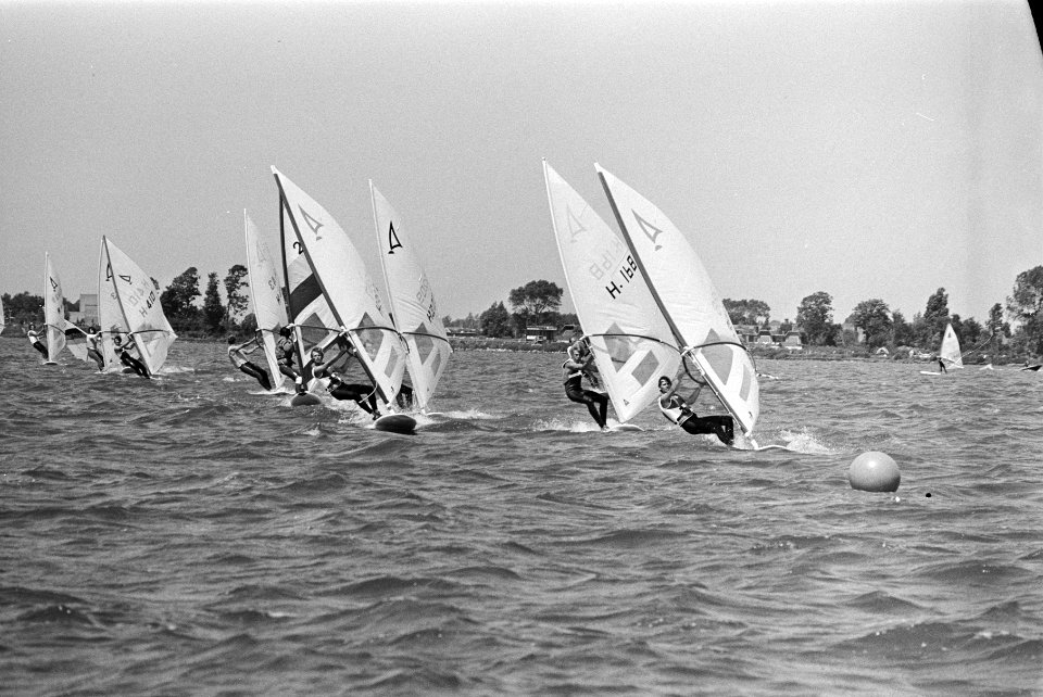 Nederlandse kampioenschappen windsurfen in Hoorn een bee van de race, Bestanddeelnr 931-5789