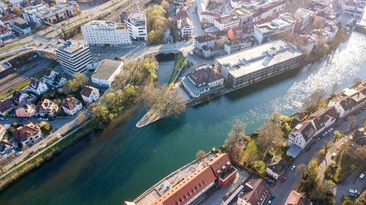 Neckarspitze in Tübingen aus der Luft vom Österberg gesehen