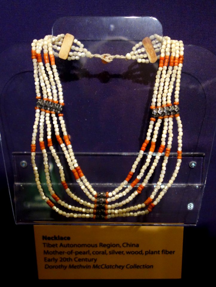 Necklace, Tibet, early 20th century, mother-of-pearl, coral, silver, wood, plant fiber - Fernbank Museum of Natural History - DSC00069