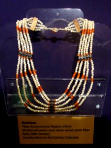 Necklace, Tibet, early 20th century, mother-of-pearl, coral, silver, wood, plant fiber - Fernbank Museum of Natural History - DSC00069