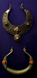 Neck rings, Swat, Northwest Frontier Province, Pakistan, 20th century, brass (top), silver and coral (bottom) - Fernbank Museum of Natural History - DSC00034