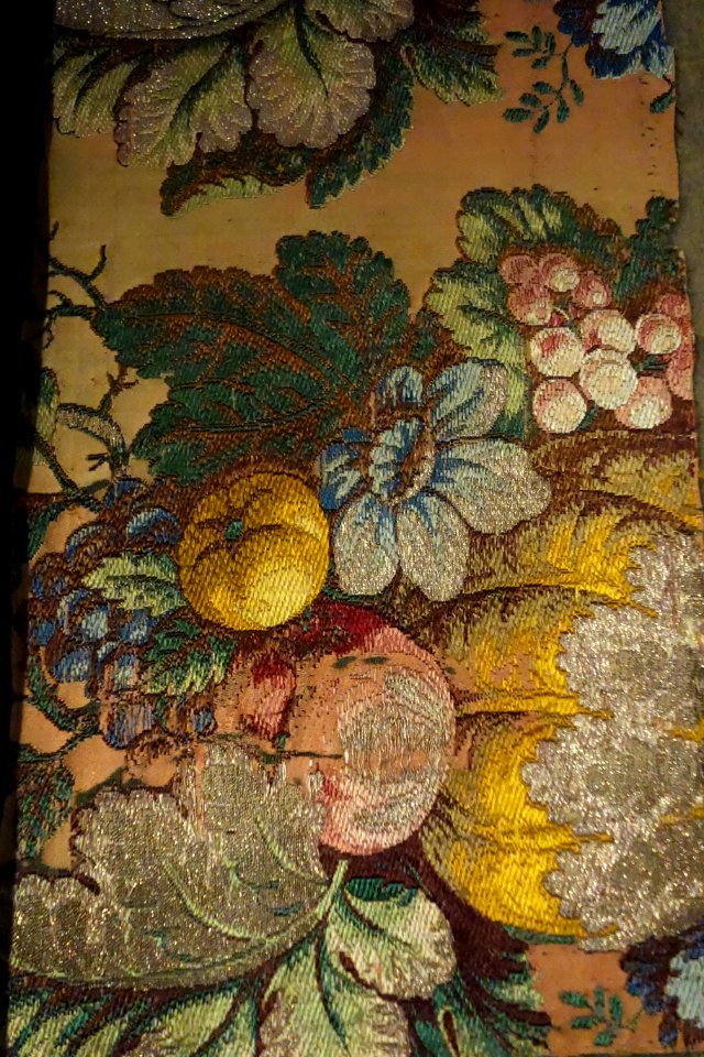 Naturalistic silk in the style of Jean Revel, view 2, France, Lyon, Rococo style, c. 1735, silk lampas in silk, silver file and frise - Royal Ontario Museum - DSC04351