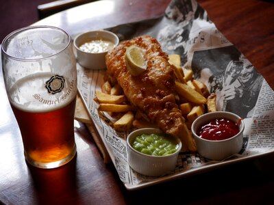 Fish chips drink photo