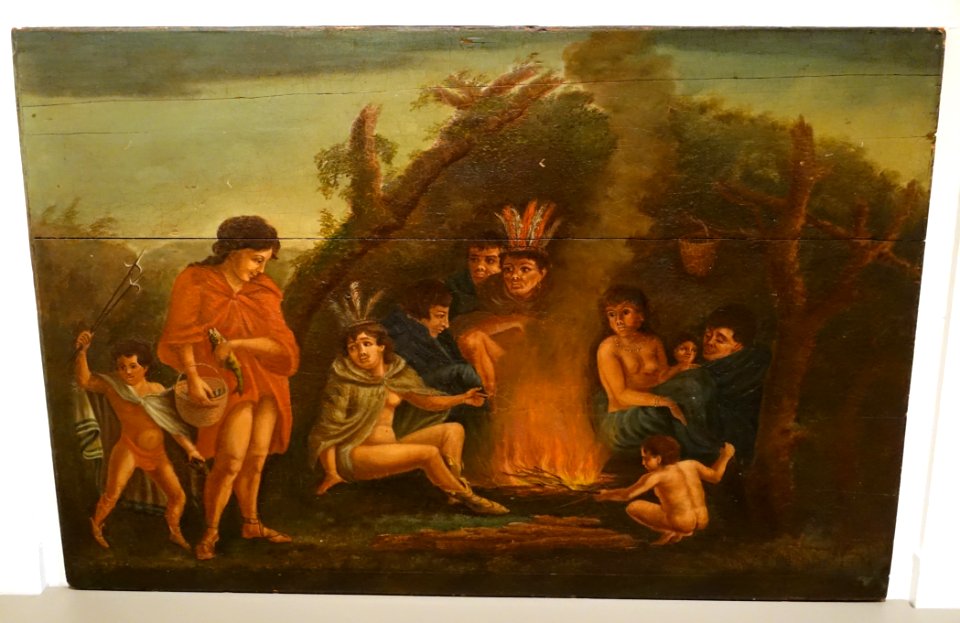 Native Encampment by Michele Felice Corne, after Giovanni Battista Cipriani, based on a watercolor by Alexander Buchan, 1804, oil on wood panel - Peabody Essex Museum - DSC07138
