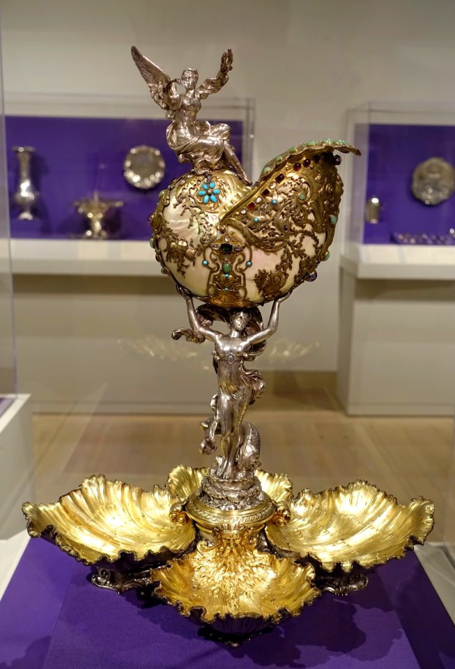 Nautilus Centerpiece, designed by William C. Codman, Gorham Manufacturing Co., Providence, Rhode Island, 1893, gilt silver, pearls, turquoise, jade, garnet, tourmaline, etc - Dallas Museum of Art - DSC04879