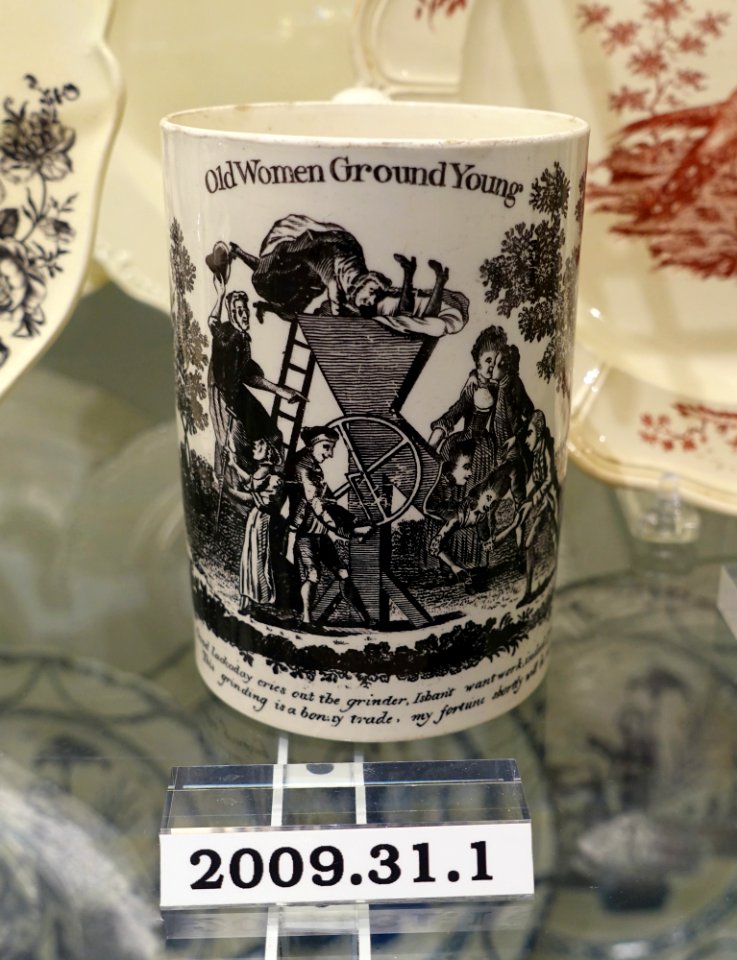 Mug with 'Old Women Ground Young', Staffordshire and or Liverpool, 1780-1800, transferware (creamware), HD 2009.31.1 - Flynt Center of Early New England Life - Deerfield, Massachusetts - DSC04593