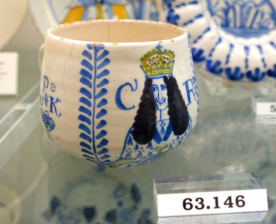 Mug or caudle pot with King Charles II, Lambeth or Southwark, London, England, 1663, tin-glazed earthenware, HD 63.146 - Flynt Center of Early New England Life - Deerfield, Massachusetts - DSC04376