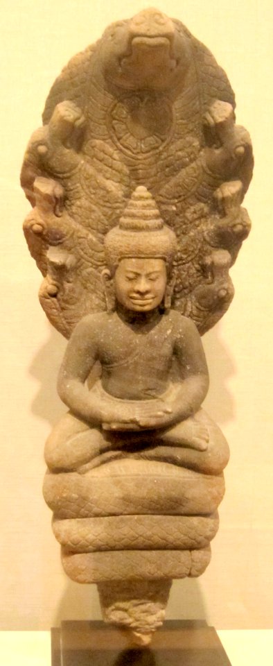 Muchilinda Buddha from Thailand, Angkor kingdom, Lopburi style, 13th-14th century, sandstone, promised gift to HAA