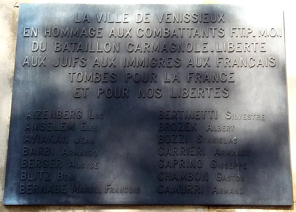 Musée de la Résistance et de la Déportation de Vénissieux, hommage aux combattants FTP-MOI, plaque 1