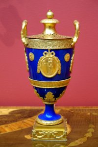 Mounted urn by Matthew Boulton, designer, c. 1780, enamel and gilt bronze mounts - California Palace of the Legion of Honor - San Francisco, CA - DSC02807