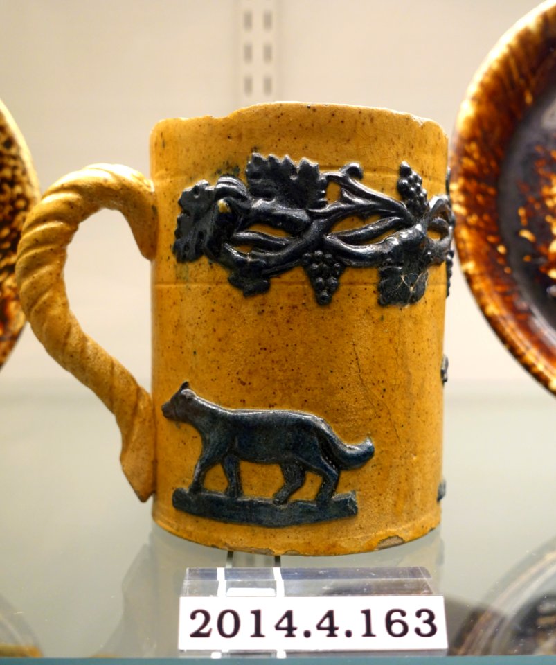 Mug, probably American, 1870-1890, lead-glazed yellowware, blue sprigged clay, item HD 2014.4.173 - Flynt Center of Early New England Life - Deerfield, Massachusetts - DSC04161