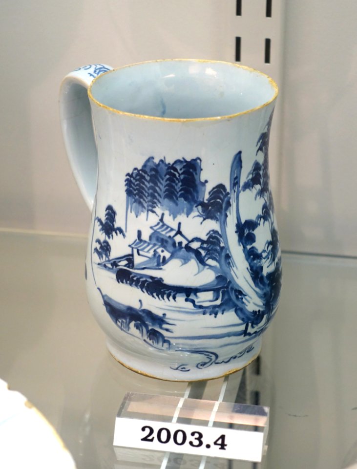 Mug, London, England, 1760-1770, tin-glazed earthenware, HD 2003.4 - Flynt Center of Early New England Life - Deerfield, Massachusetts - DSC04421