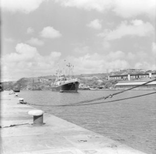 Ms. Nestor in de haven van Willemstad. Op de achtergrond olietanks van Shell en , Bestanddeelnr 252-2320