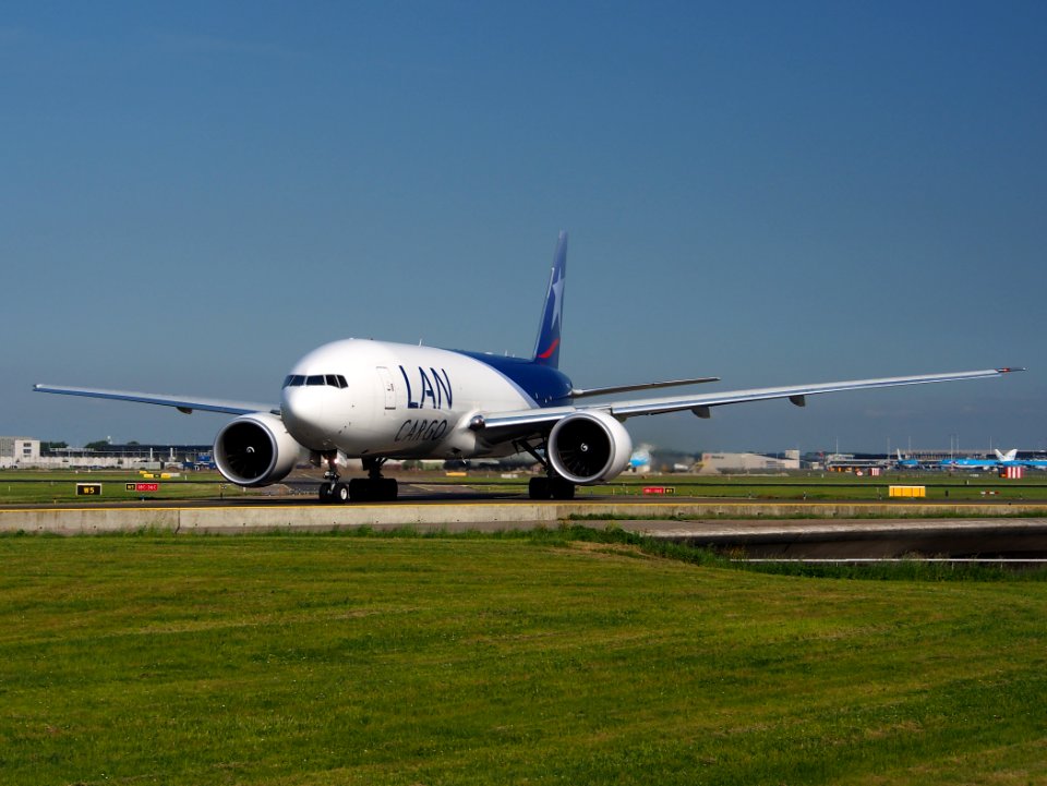 N778LA LAN Cargo Boeing 777F taxiing at Schiphol (AMS - EHAM), The Netherlands, 17may2014, pic-1