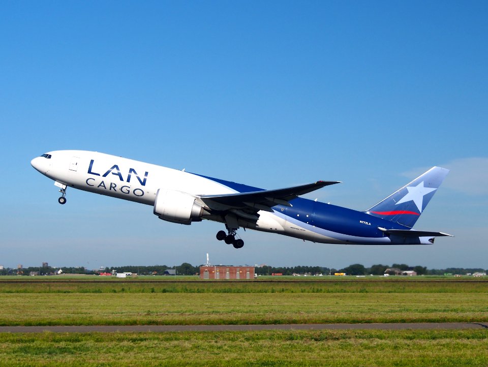 N772LA LAN Cargo Boeing 777-F6N takeoff from Schiphol (AMS - EHAM), The Netherlands, 11june2014, pic-3