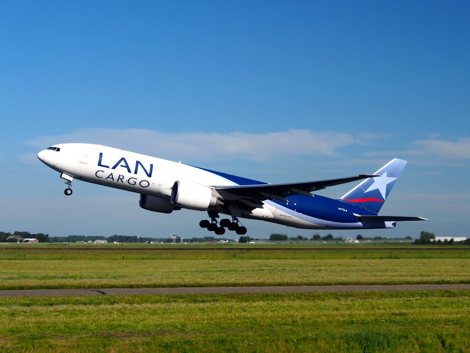 N772LA LAN Cargo Boeing 777-F6N takeoff from Schiphol (AMS - EHAM), The Netherlands, 11june2014, pic-2