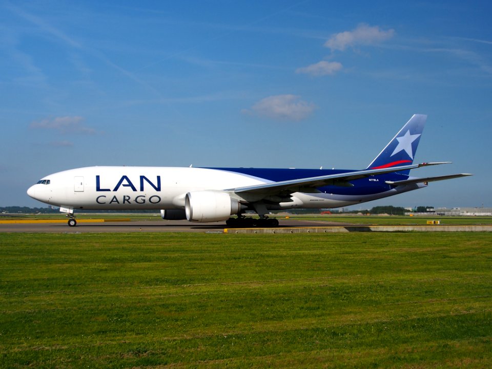 N778LA LAN Cargo Boeing 777F taxiing at Schiphol (AMS - EHAM), The Netherlands, 17may2014, pic-4